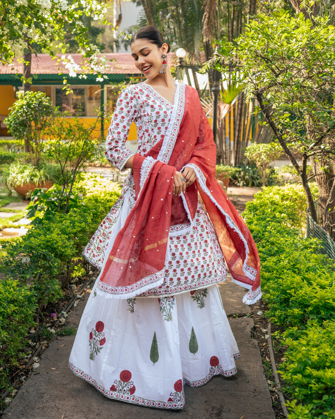 Ivory and Red Hand Block Printed Skirt Set