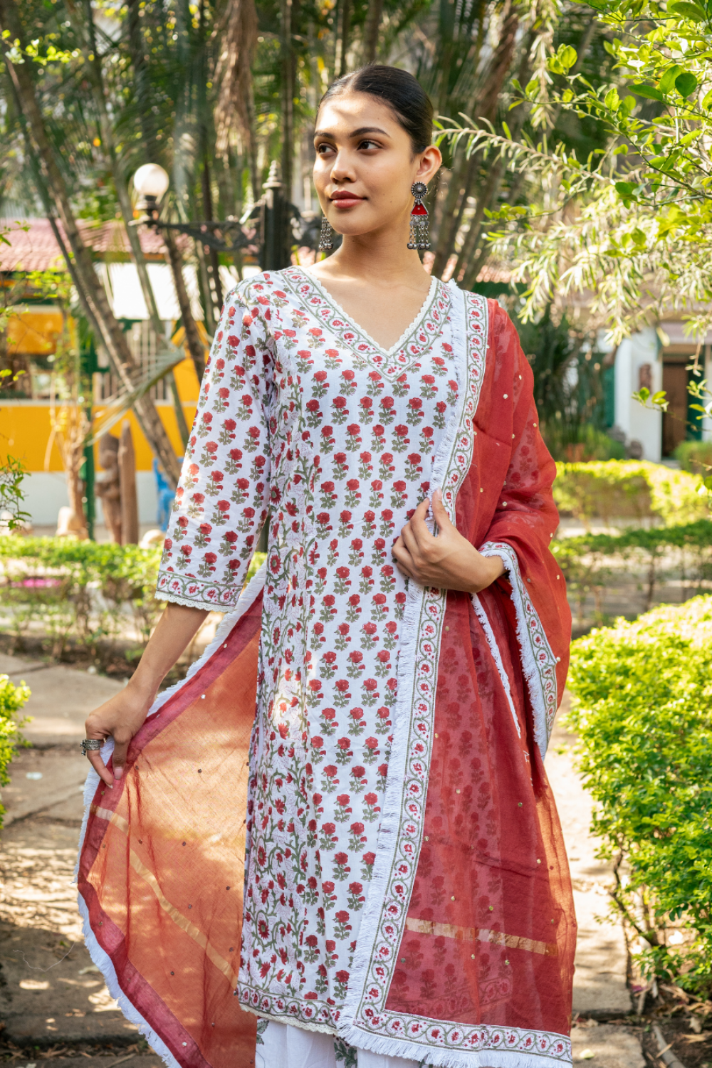 Ivory and Red Hand Block Printed Skirt Set