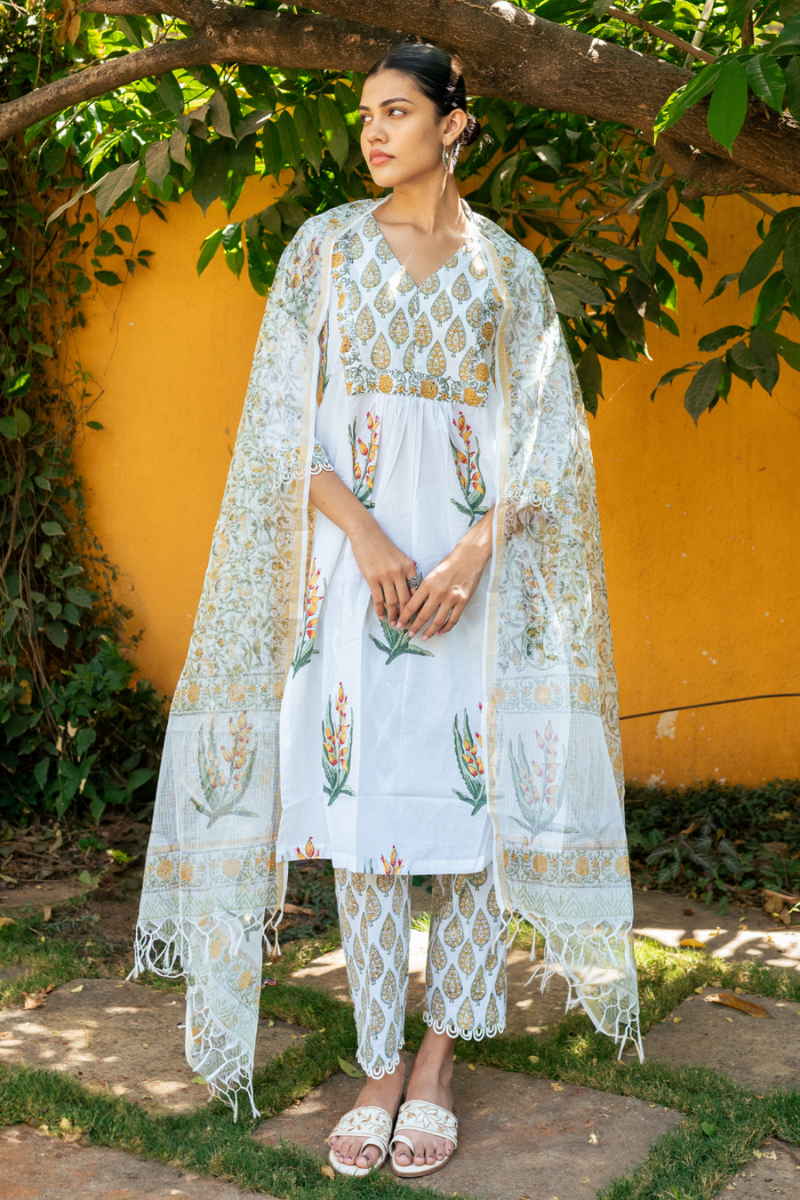 Ivory and Yellow Hand Block Printed Kurta Set mul by Maison Shefali in multi color for women Worldwide