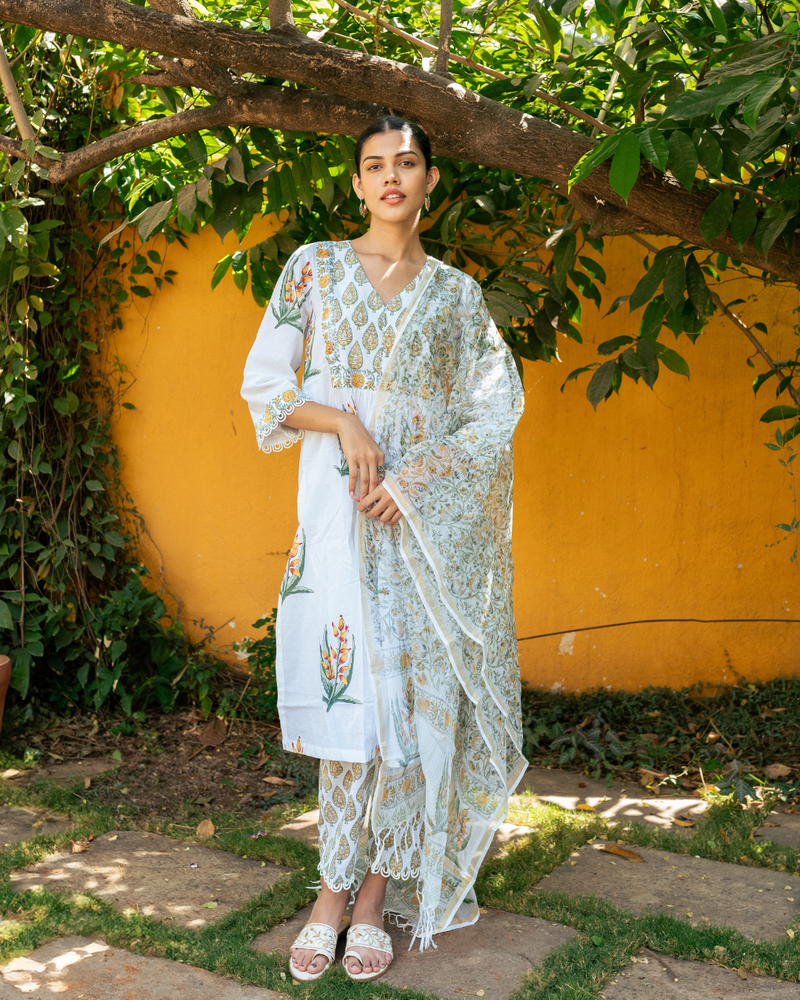 Ivory and Yellow Hand Block Printed Kurta Set mul by Maison Shefali in multi color for women Worldwide