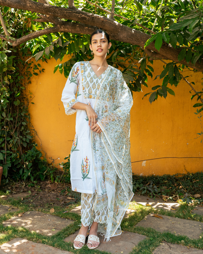 Ivory and Yellow Hand Block Printed Kurta Set