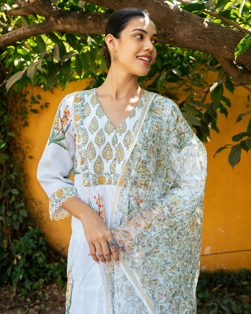 Ivory and Yellow Hand Block Printed Kurta Set mul by Maison Shefali in multi color for women Worldwide