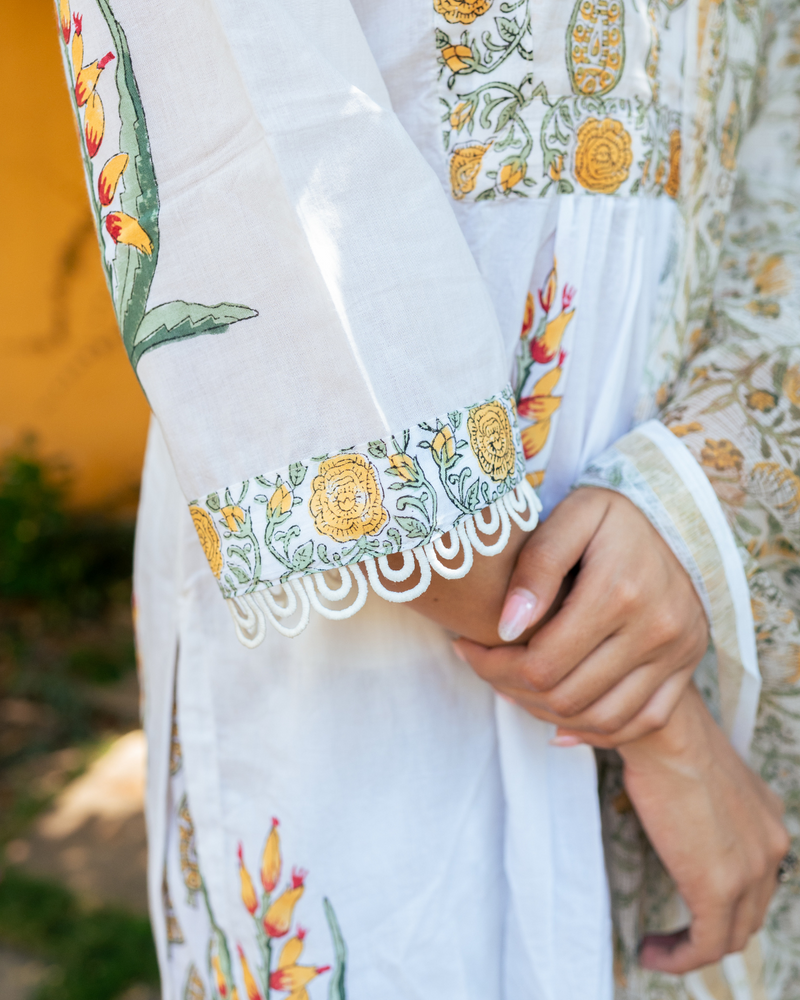 Ivory and Yellow Hand Block Printed Kurta Set mul by Maison Shefali in multi color for women Worldwide