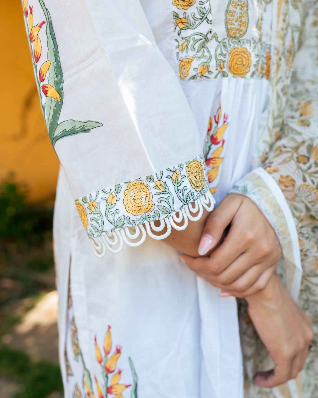 Ivory and Yellow Hand Block Printed Kurta Set