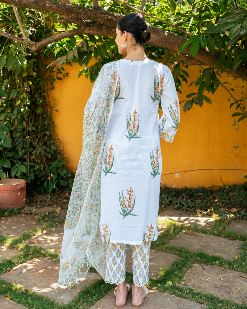 Ivory and Yellow Hand Block Printed Kurta Set mul by Maison Shefali in multi color for women Worldwide