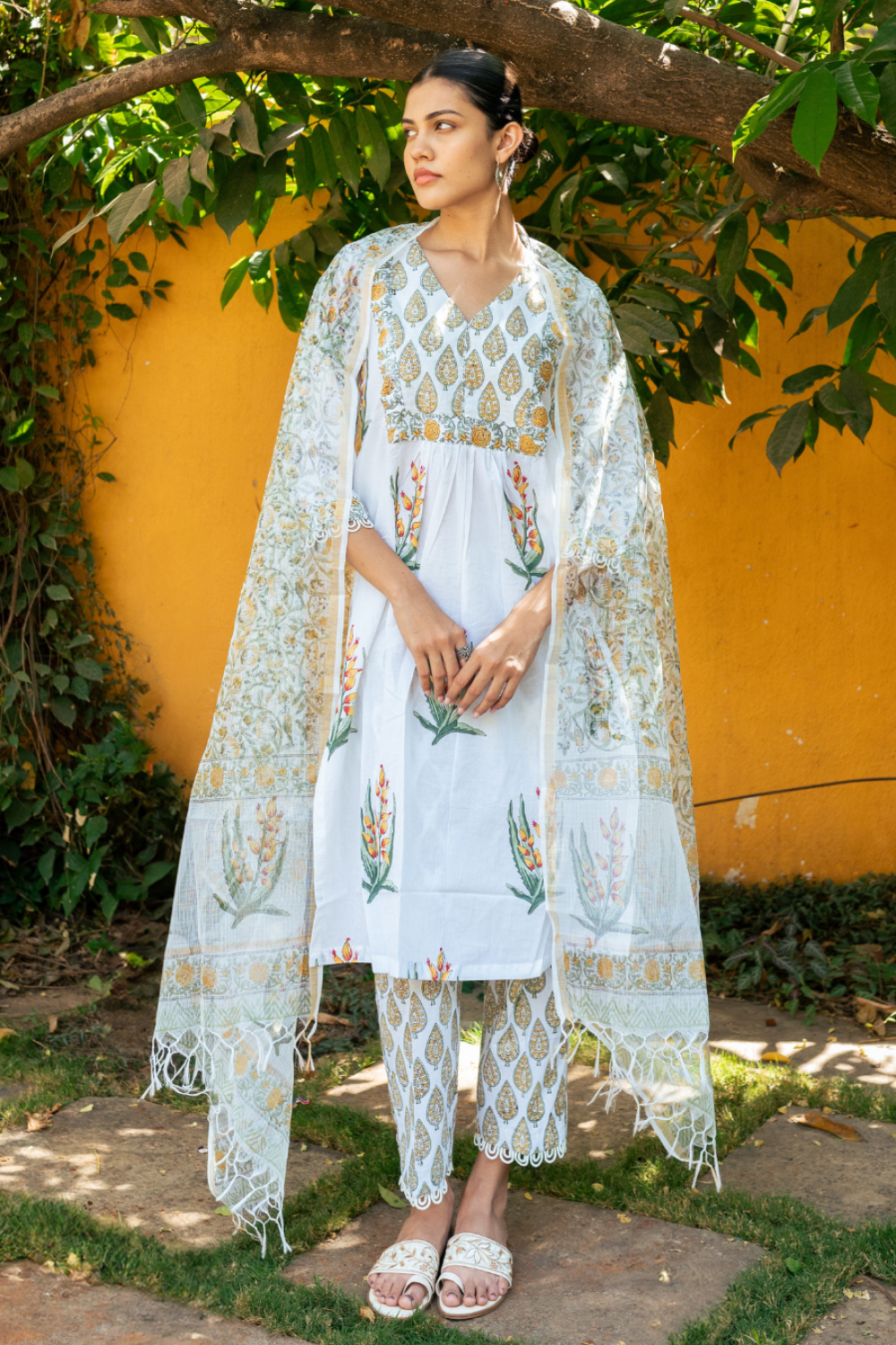 Ivory and Yellow Hand Block Printed Kurta Set