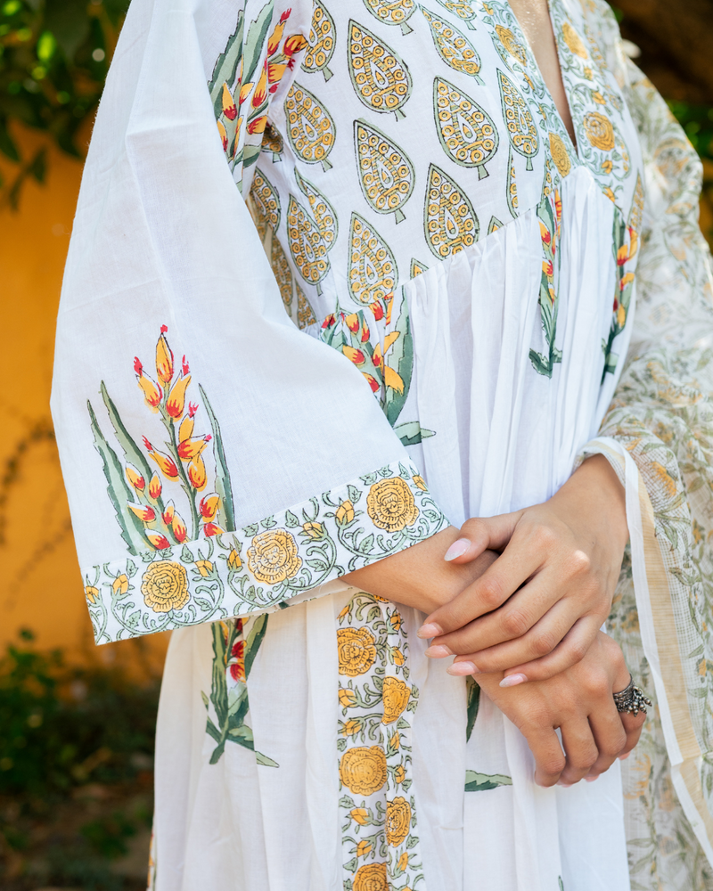 Ivory and Yellow Hand Block Printed Suit Set mul by Maison Shefali in multi color for women Worldwide