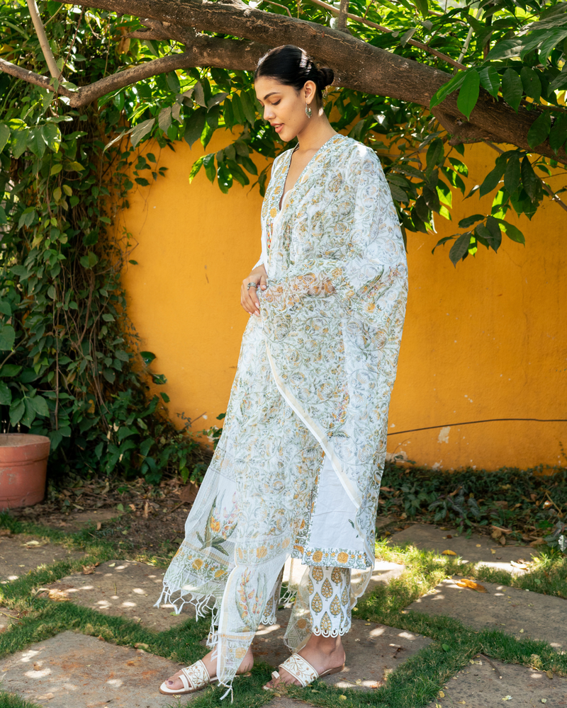 Ivory and Yellow Hand Block Printed Suit Set mul by Maison Shefali in multi color for women Worldwide