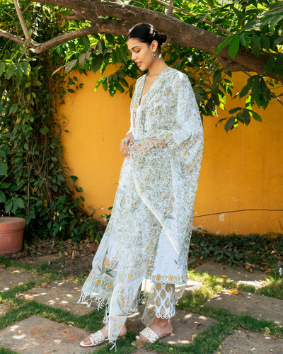 Ivory and Yellow Hand Block Printed Suit Set