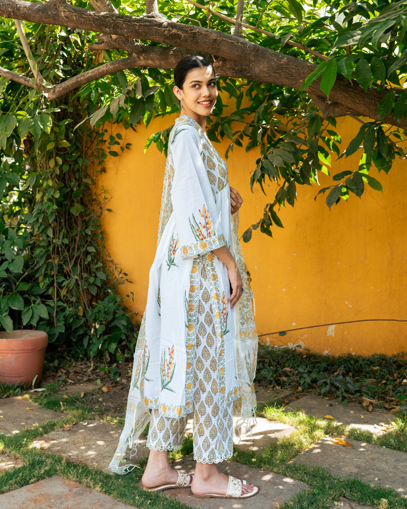 Ivory and Yellow Hand Block Printed Suit Set mul by Maison Shefali in multi color for women Worldwide
