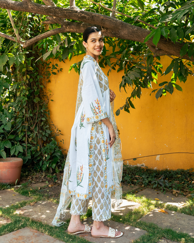 Ivory and Yellow Hand Block Printed Suit Set