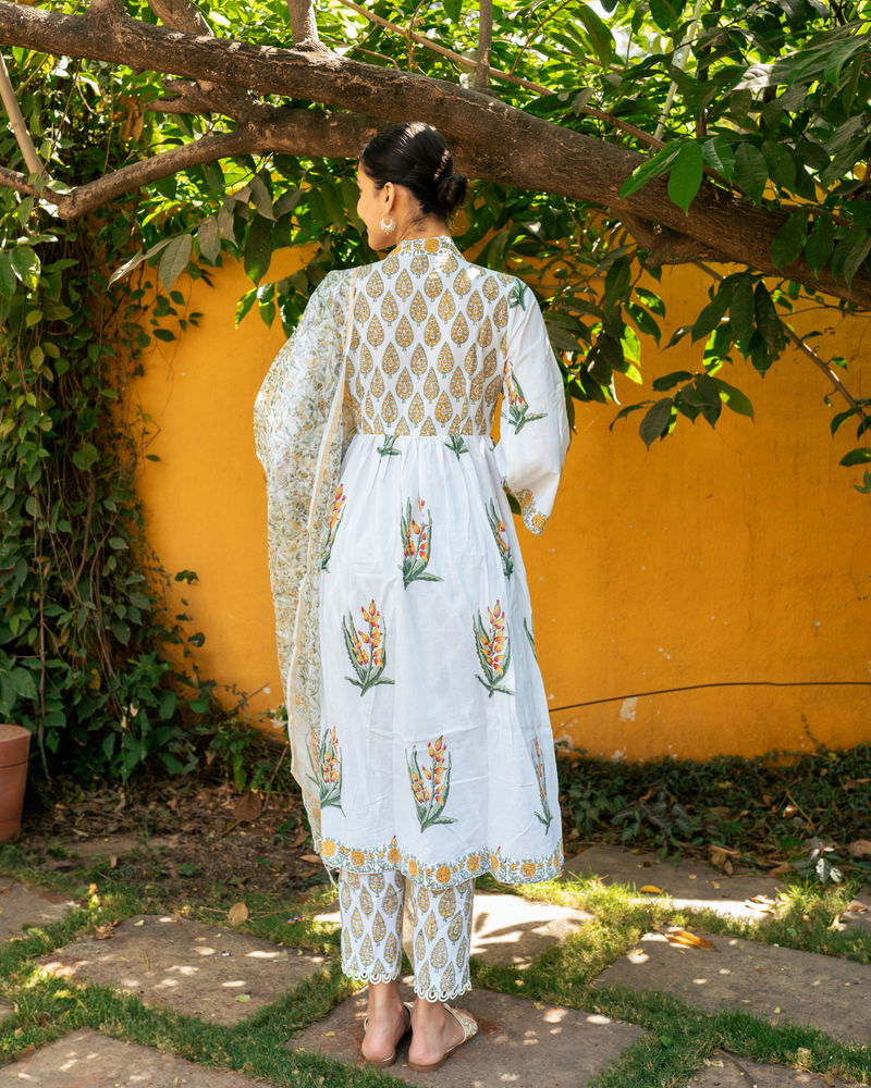Ivory and Yellow Hand Block Printed Suit Set mul by Maison Shefali in multi color for women Worldwide