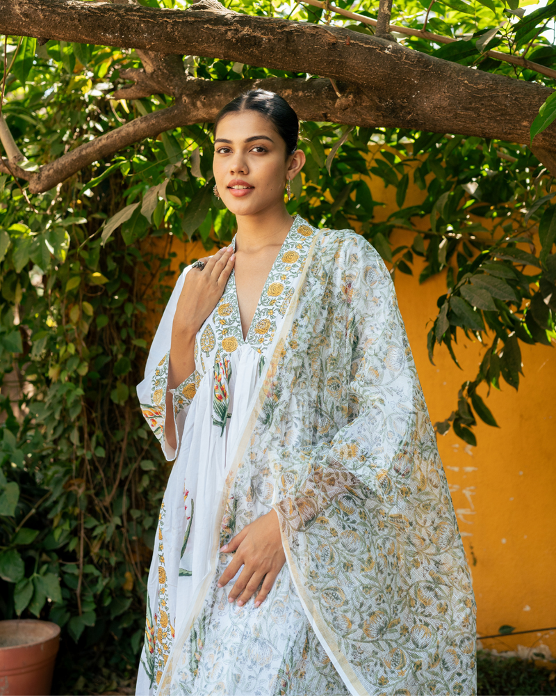 Ivory and Yellow Hand Block Printed Suit Set mul by Maison Shefali in multi color for women Worldwide