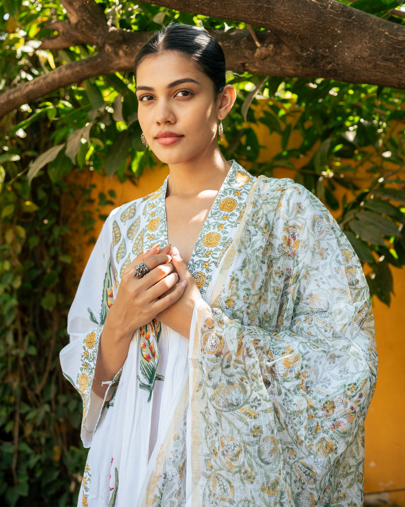 Ivory and Yellow Hand Block Printed Suit Set mul by Maison Shefali in multi color for women Worldwide