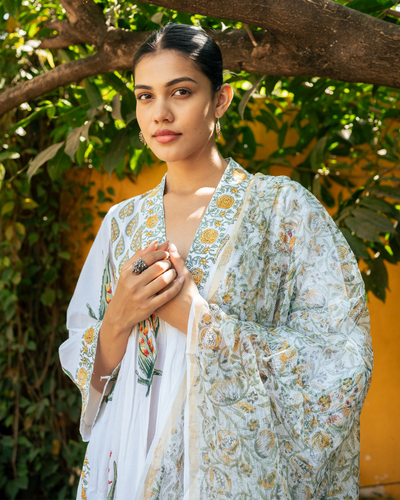 Ivory and Yellow Hand Block Printed Suit Set