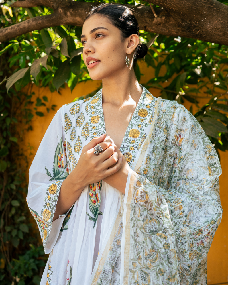 Ivory and Yellow Hand Block Printed Suit Set mul by Maison Shefali in multi color for women Worldwide