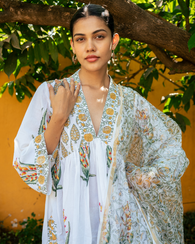 Ivory and Yellow Hand Block Printed Suit Set mul by Maison Shefali in multi color for women Worldwide
