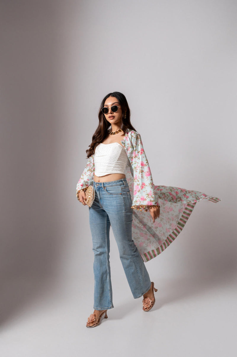 Linen digital print Aqua green summer jacket-agua green and pink linen by Maison Shefali for women Worldwide