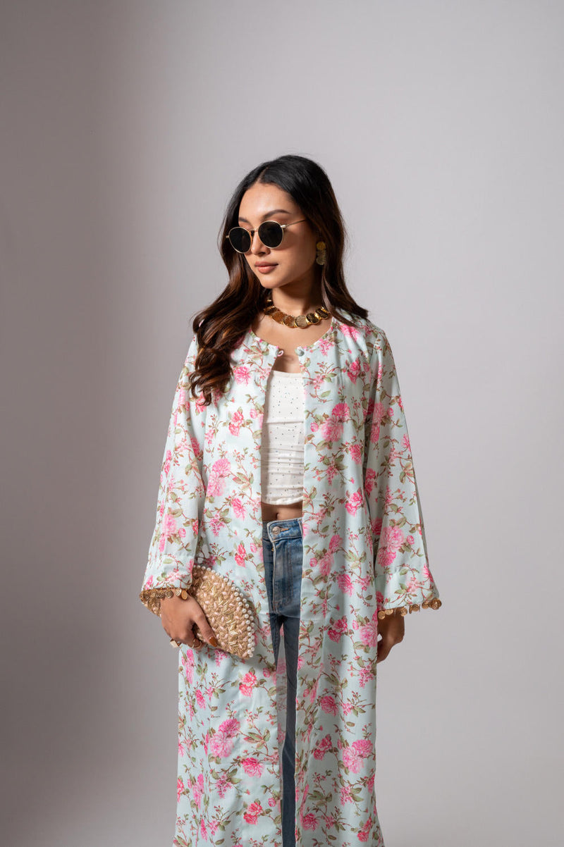 Linen digital print Aqua green summer jacket-agua green and pink linen by Maison Shefali for women Worldwide