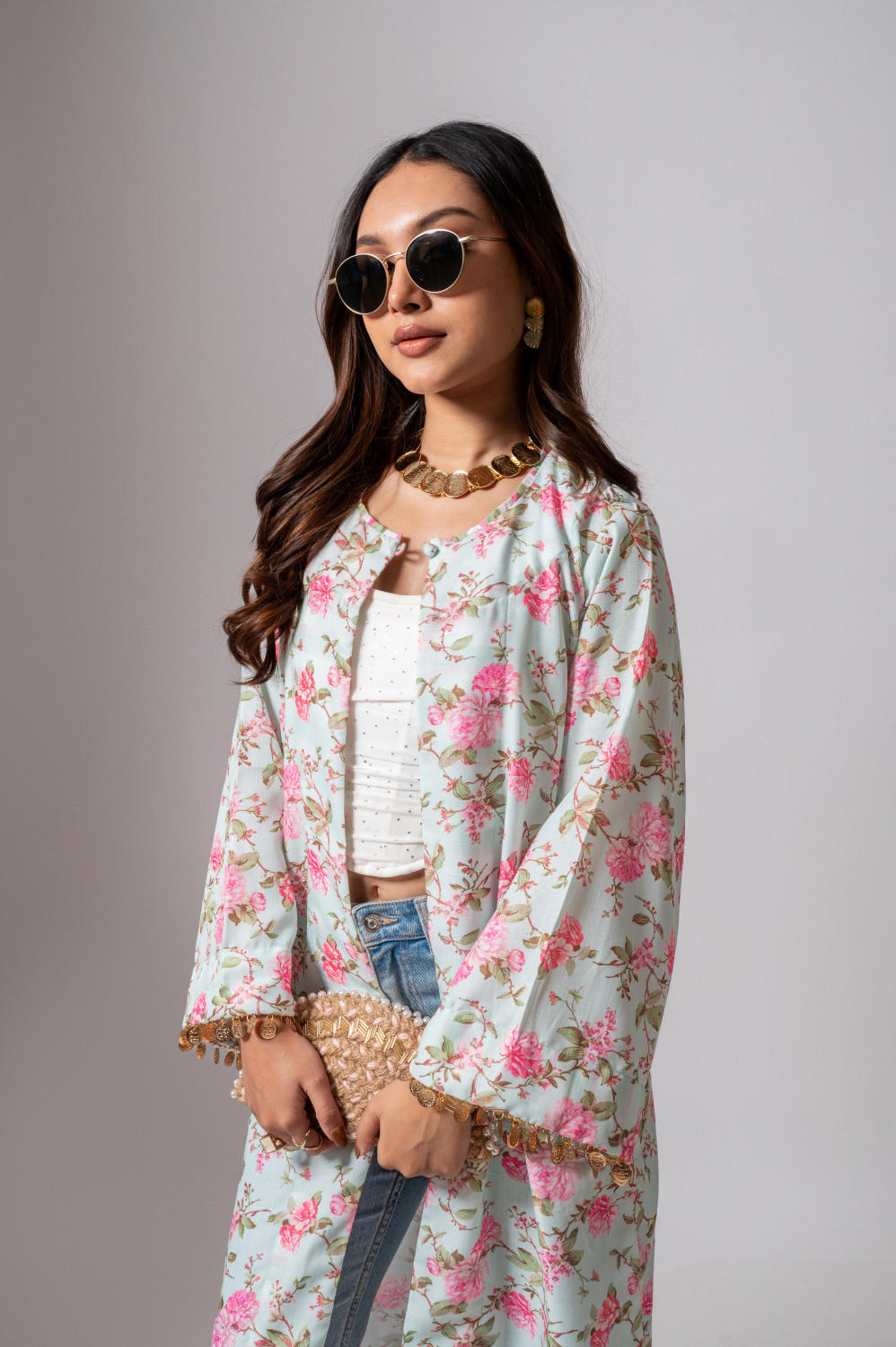 Linen digital print Aqua green summer jacket-agua green and pink