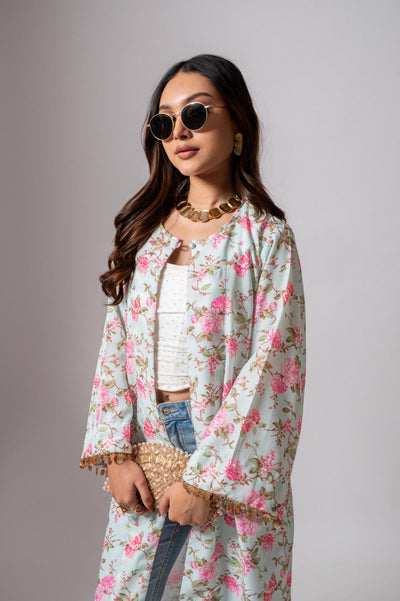 Linen digital print Aqua green summer jacket-agua green and pink