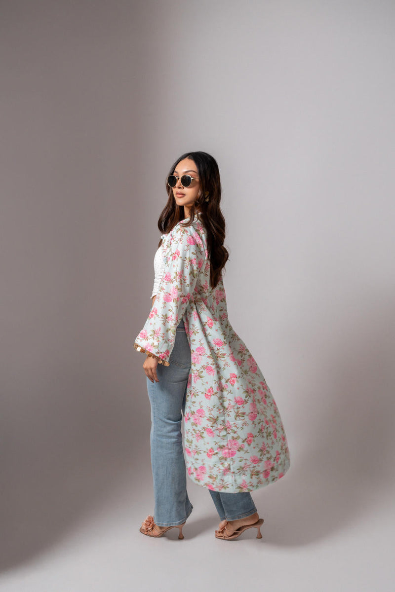 Linen digital print Aqua green summer jacket-agua green and pink linen by Maison Shefali for women Worldwide