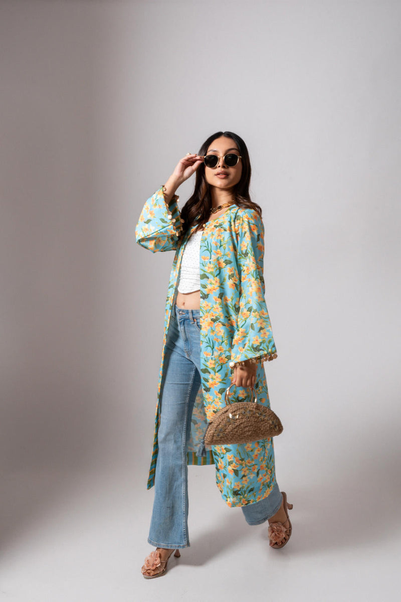 Linen digital print Aqua summer jacket-aqua and yellow linen by Maison Shefali for women Worldwide