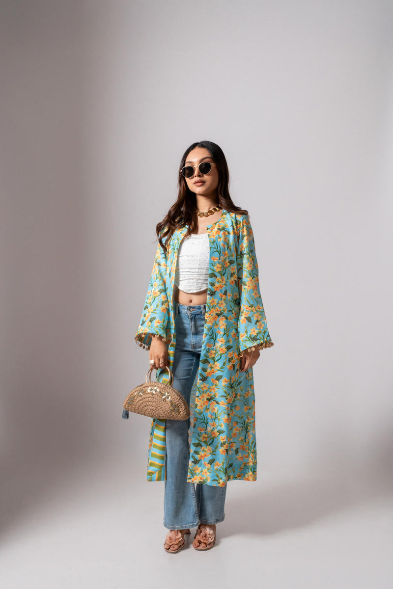 Linen digital print Aqua summer jacket-aqua and yellow linen by Maison Shefali for women Worldwide