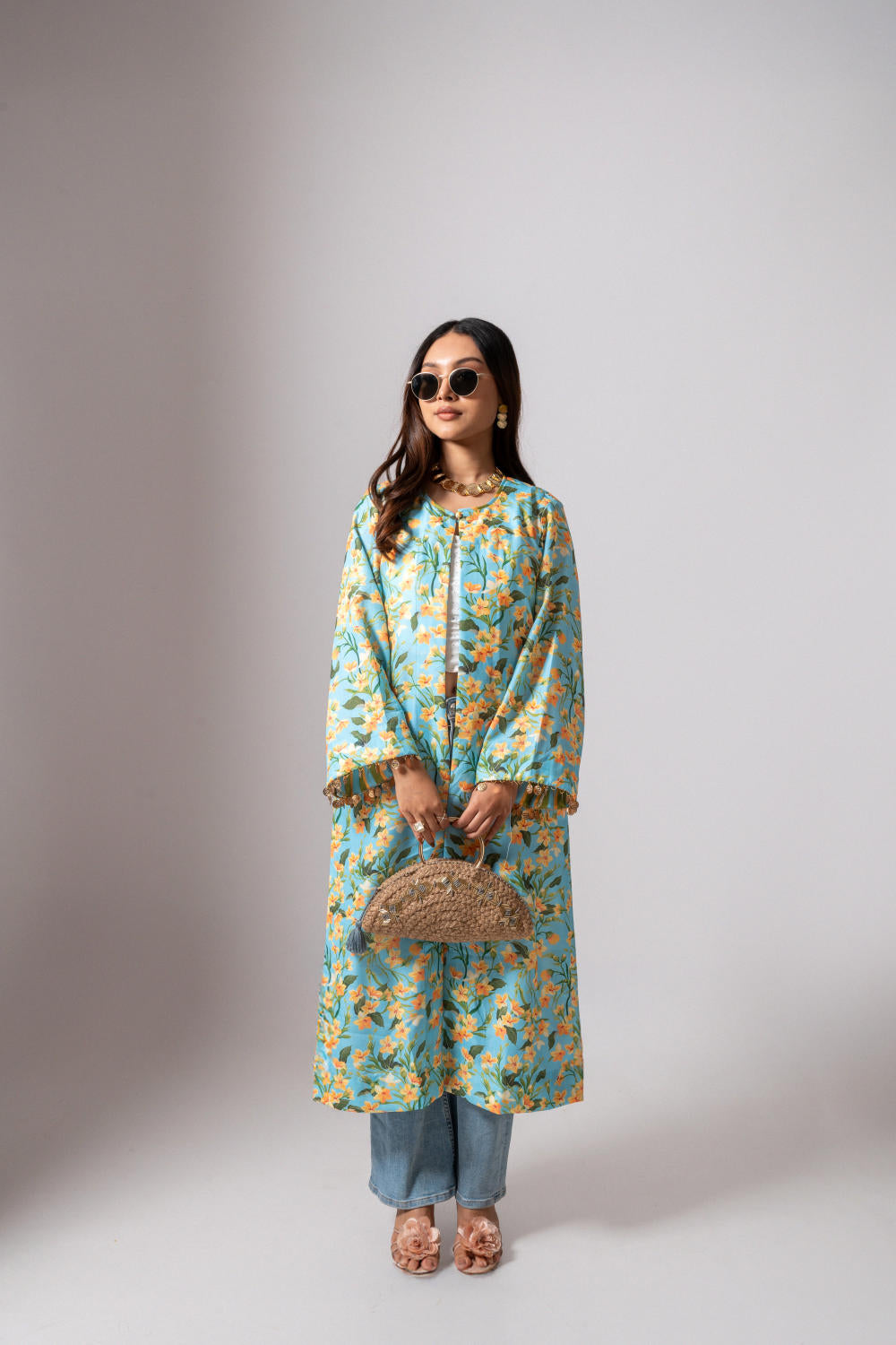 Linen digital print Aqua summer jacket-aqua and yellow