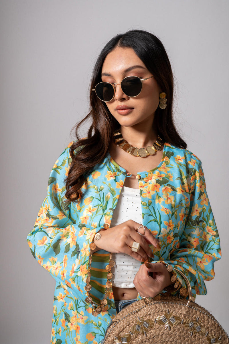 Linen digital print Aqua summer jacket-aqua and yellow linen by Maison Shefali for women Worldwide