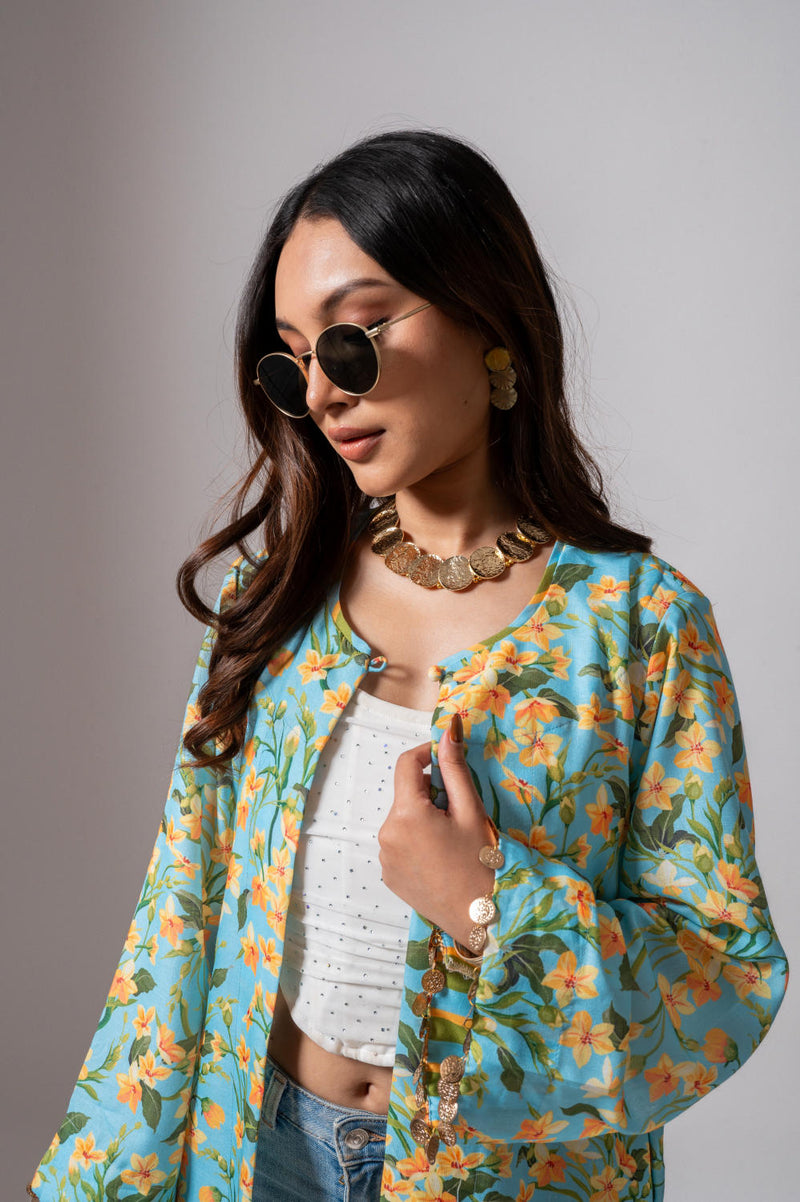 Linen digital print Aqua summer jacket-aqua and yellow linen by Maison Shefali for women Worldwide