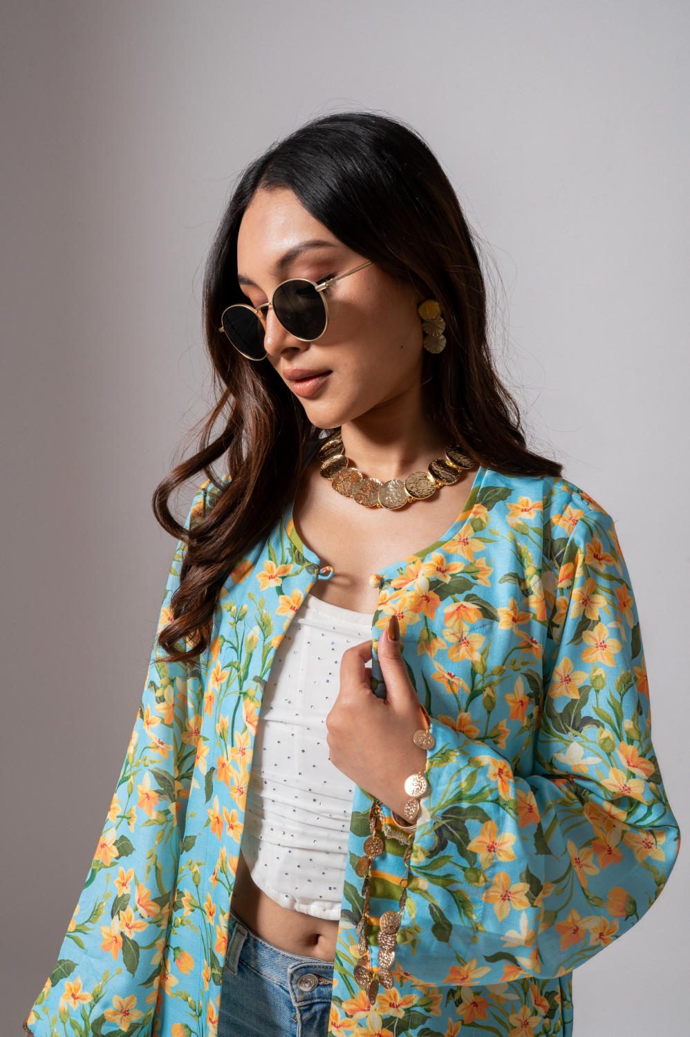 Linen digital print Aqua summer jacket-aqua and yellow