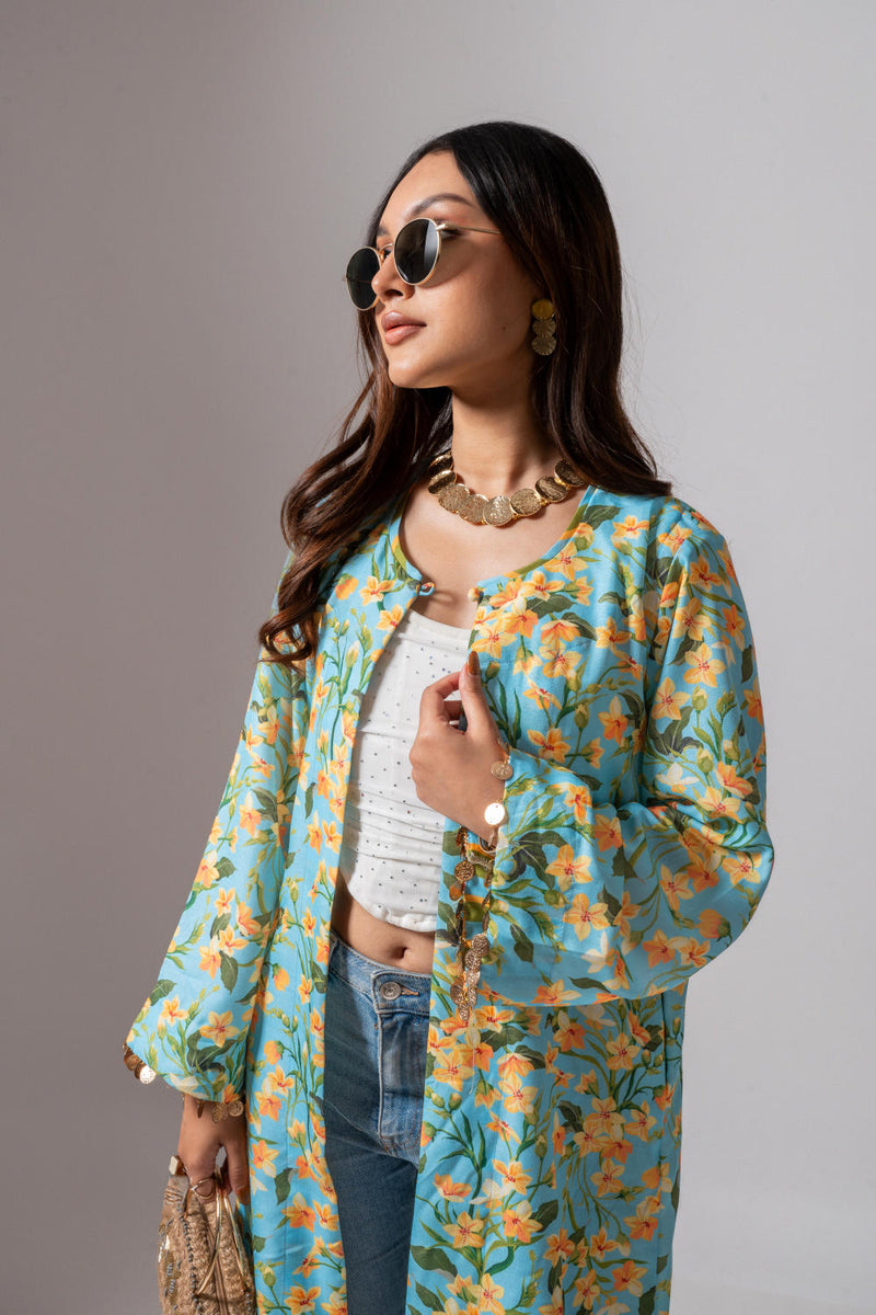 Linen digital print Aqua summer jacket-aqua and yellow linen by Maison Shefali for women Worldwide
