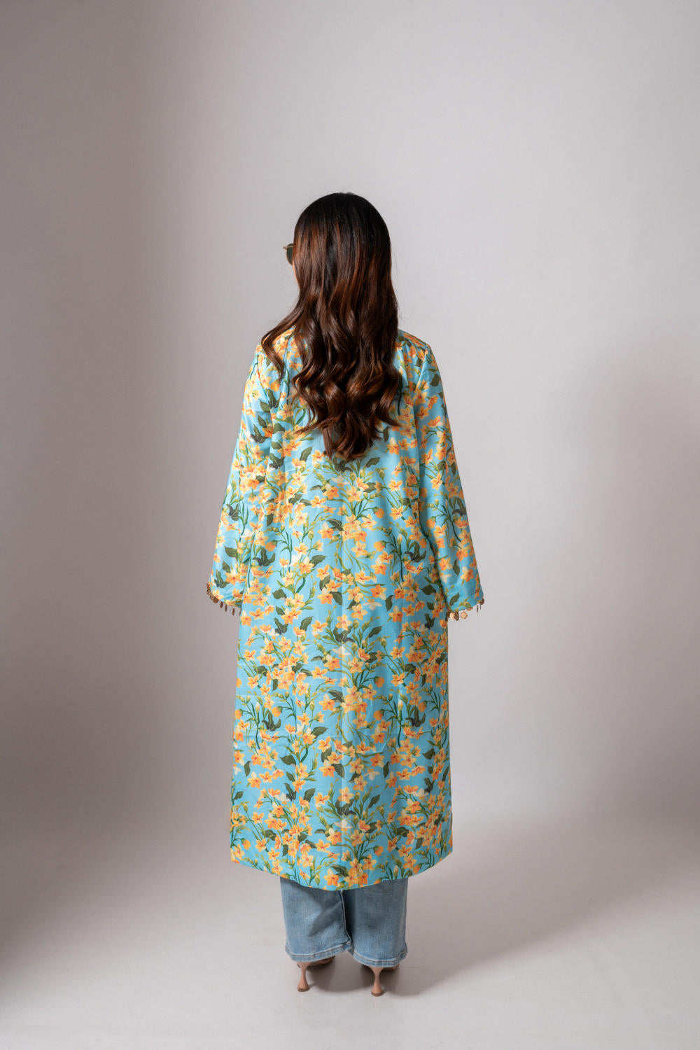 Linen digital print Aqua summer jacket-aqua and yellow