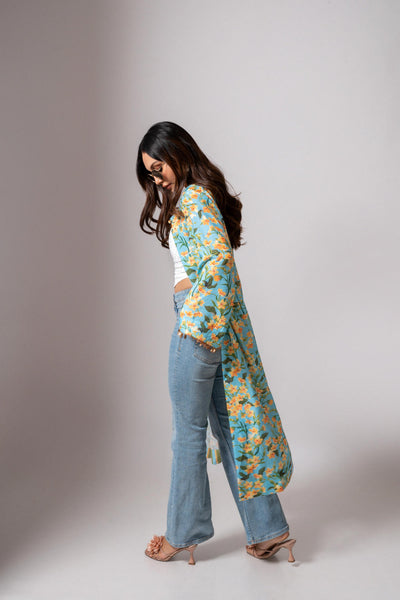 Linen digital print Aqua summer jacket-aqua and yellow