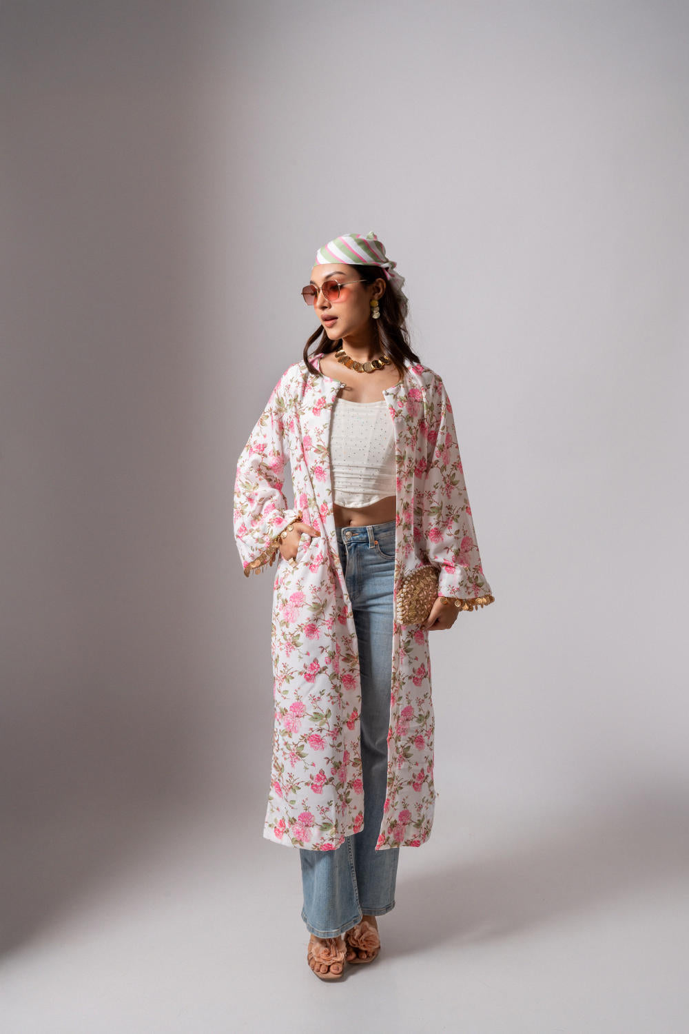 Linen digital print white summer jacket-white and pink