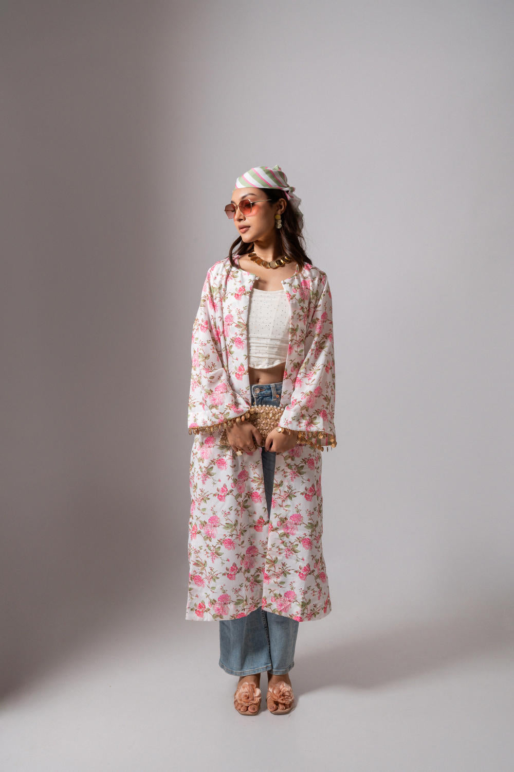 Linen digital print white summer jacket-white and pink