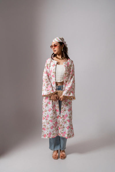 Linen digital print white summer jacket-white and pink