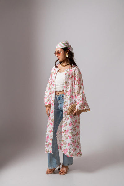 Linen digital print white summer jacket-white and pink