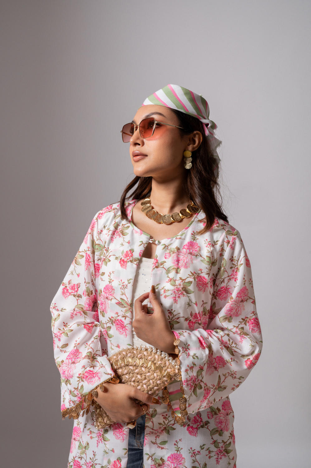 Linen digital print white summer jacket-white and pink