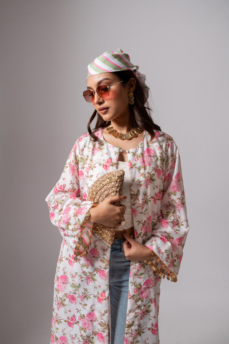 Linen digital print white summer jacket-white and pink linen by Maison Shefali for women Worldwide
