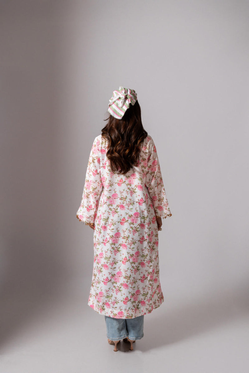Linen digital print white summer jacket-white and pink linen by Maison Shefali for women Worldwide