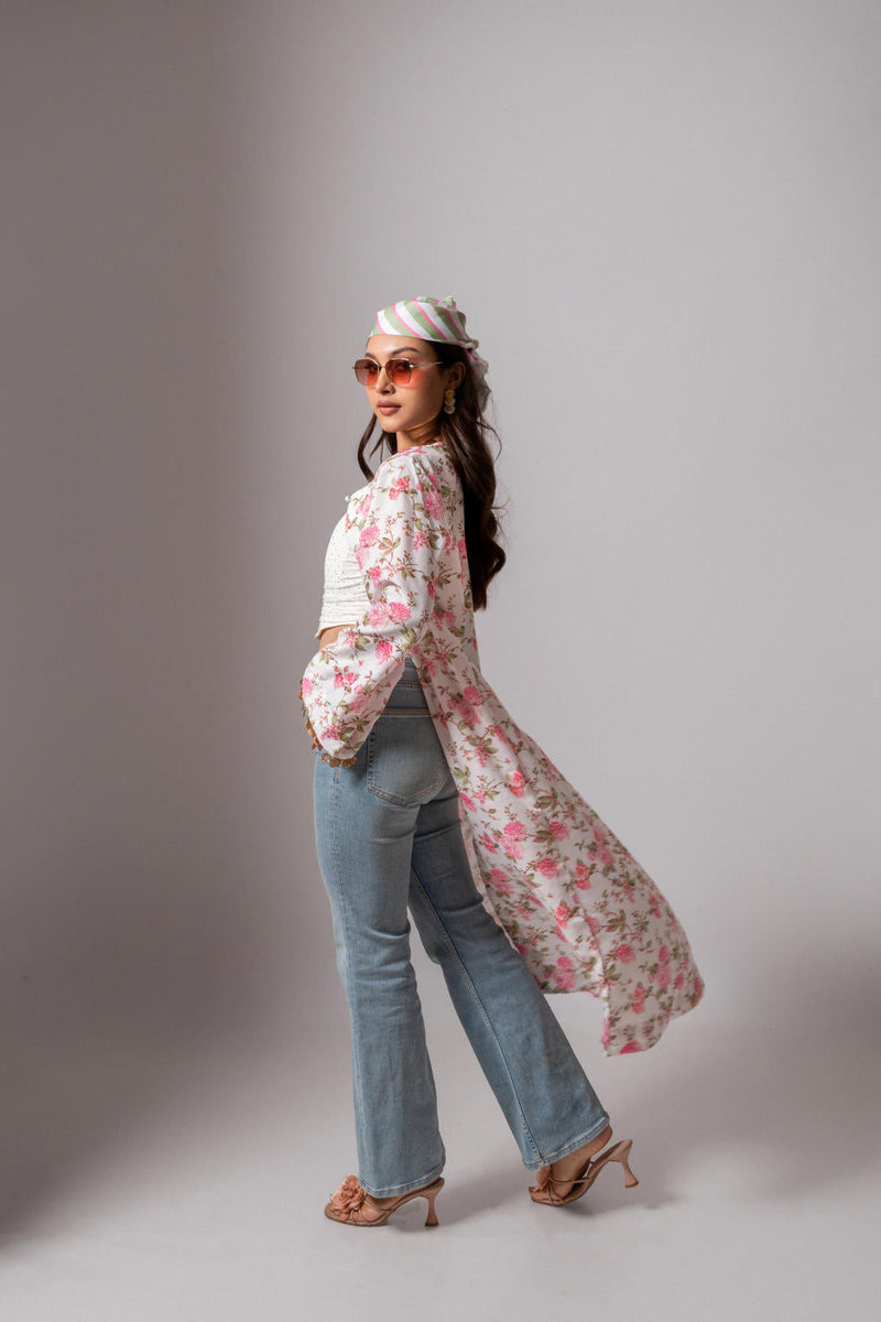 Linen digital print white summer jacket-white and pink linen by Maison Shefali for women Worldwide