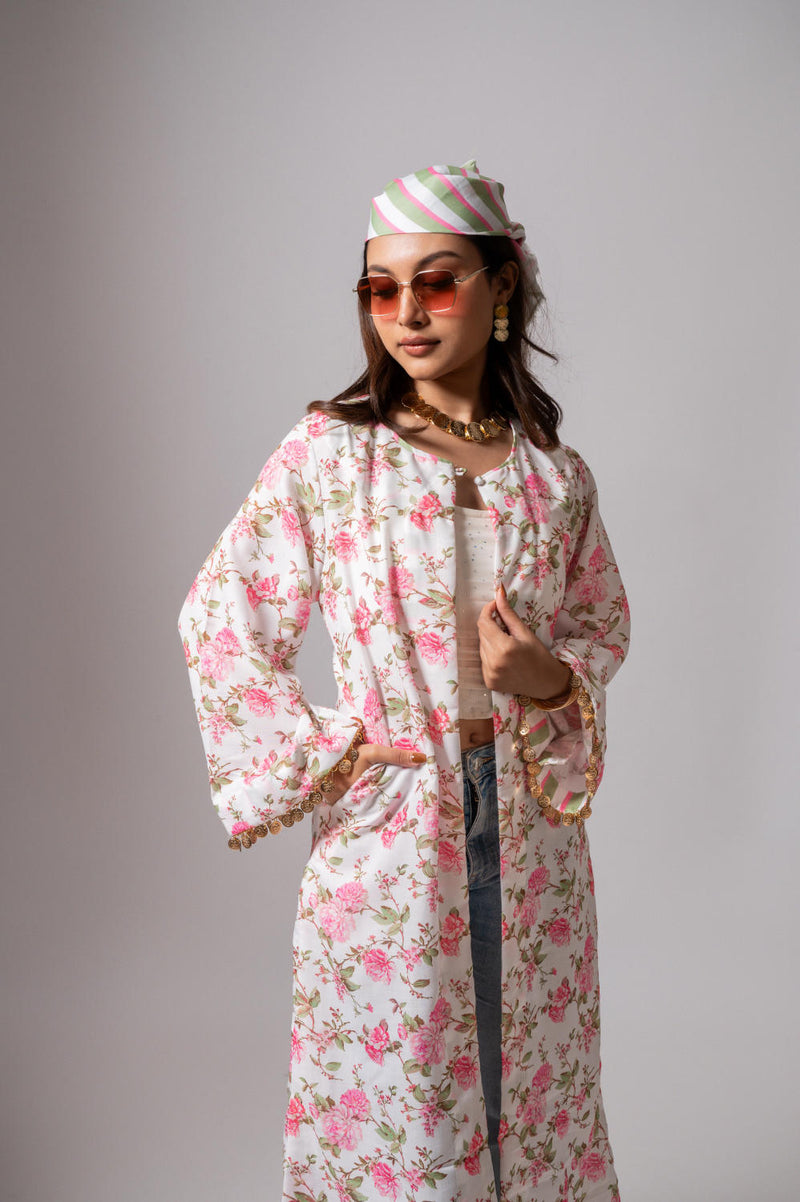 Linen digital print white summer jacket-white and pink linen by Maison Shefali for women Worldwide