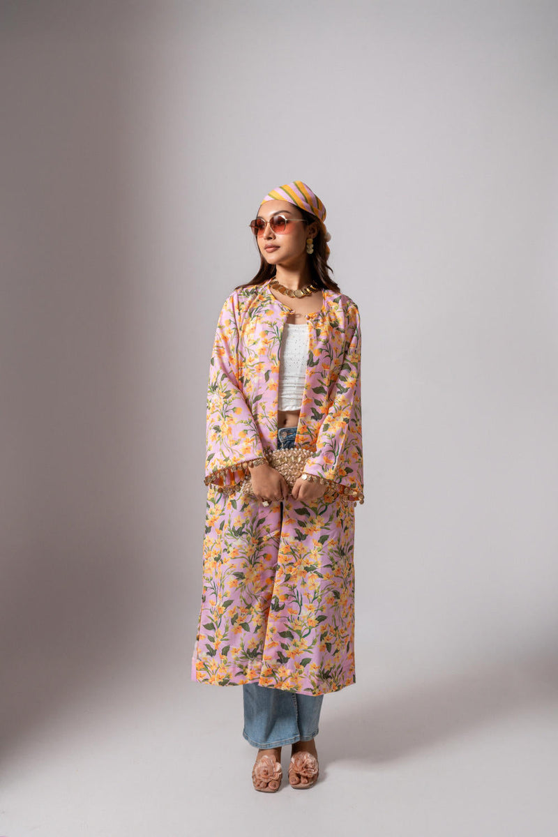 Linen digital print blush summer jacket-blush and yellow linen by Maison Shefali for women Worldwide