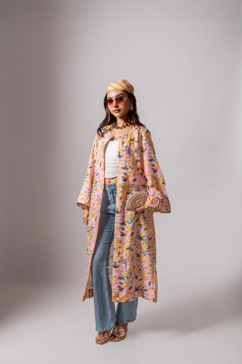 Linen digital print blush summer jacket-blush and yellow linen by Maison Shefali for women Worldwide