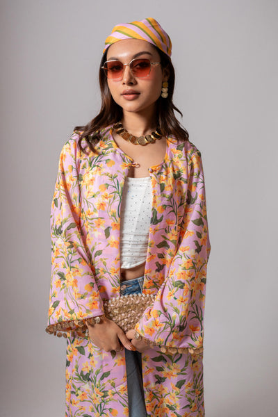 Linen digital print blush summer jacket-blush and yellow