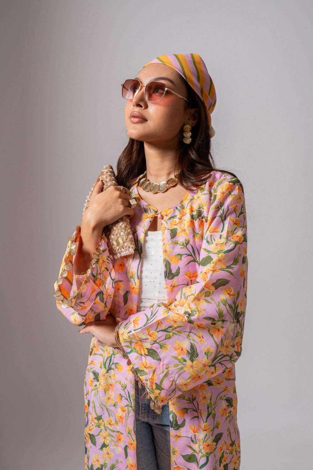 Linen digital print blush summer jacket-blush and yellow