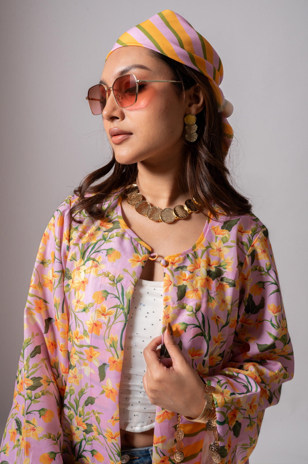 Linen digital print blush summer jacket-blush and yellow