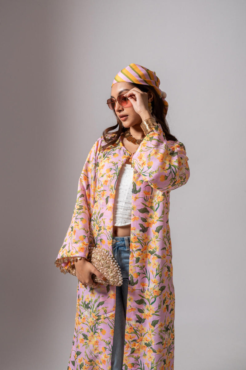Linen digital print blush summer jacket-blush and yellow linen by Maison Shefali for women Worldwide